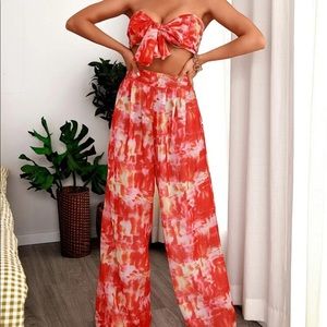 Knot Front Tie Dye Bandeau Top & Wide Leg Pants Set
